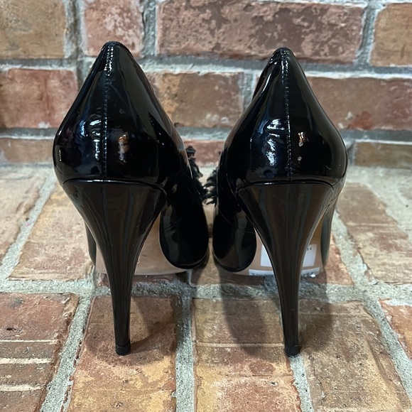 Saks Fifth Avenue Black Patent Leather Pom Pom Peep Toe Heels - Picture 3 of 6